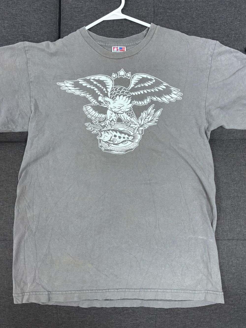 Bayside Velocity Made in USA Eagle and Fish Graphic Gray T-Shirt Medium